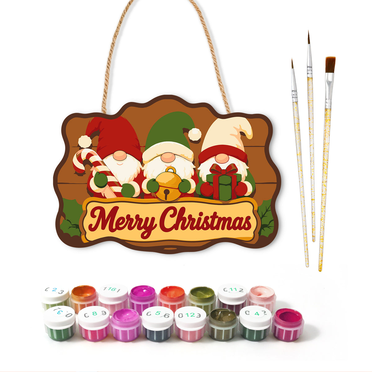Three gnomes christmas paint by numbers door hanger with paints and brushes