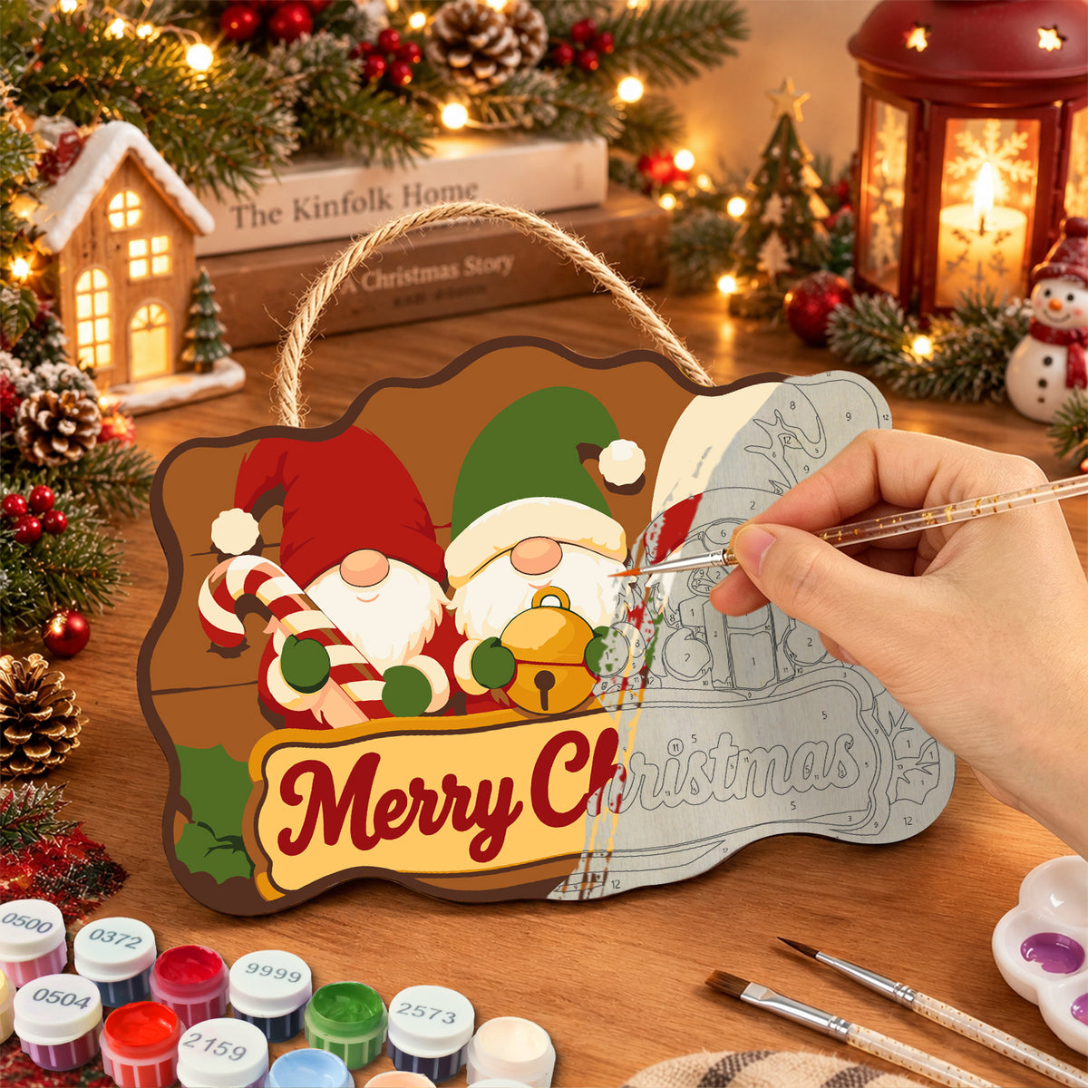 Three gnomes christmas paint by numbers door hanger painting process