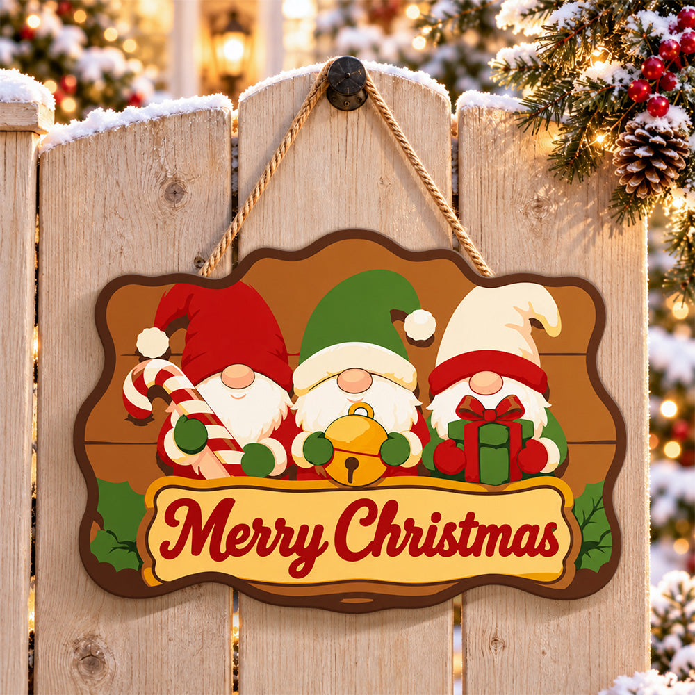 Three gnomes christmas paint by numbers door hanger on a garden gate