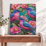 Finished three jeweled songbirds pearl diamond painting artwork displayed as home decor