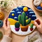 Creating the three potted cactus under the starry night wool painting by hand with a felting needle