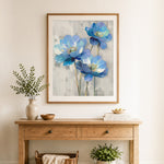 Finished three pure blue flowers cross stitch artwork displayed as home decor
