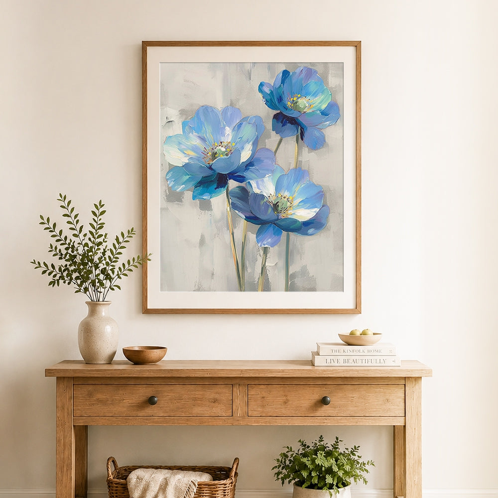 Finished three pure blue flowers cross stitch artwork displayed as home decor
