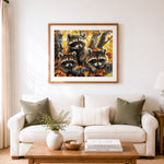 Finished three raccoons in autumn woods cross stitch artwork displayed as home decor