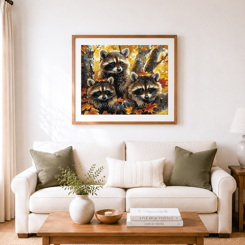 Finished three raccoons in autumn woods cross stitch artwork displayed as home decor