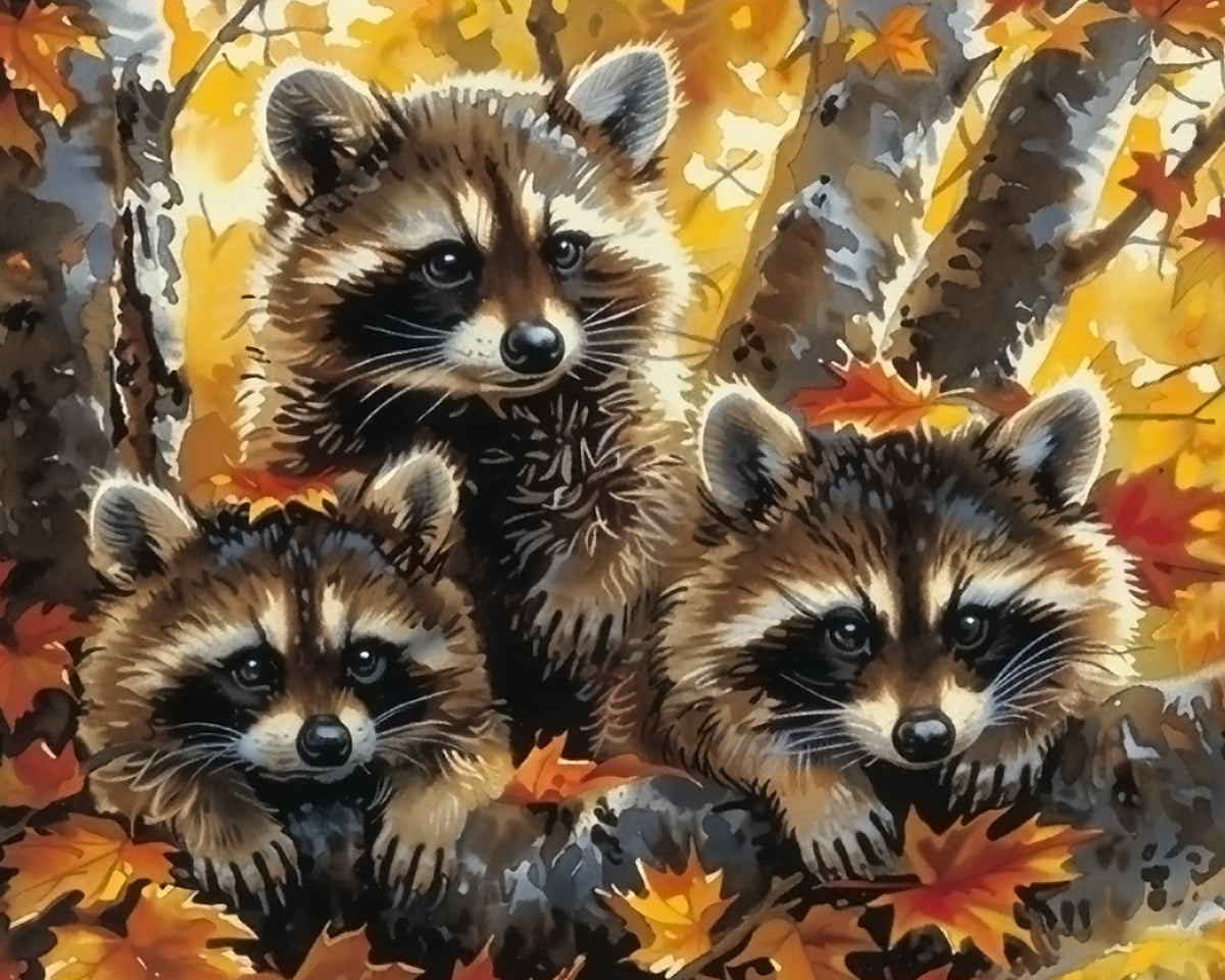 Three raccoons in autumn woods cross stitch kit for beginners