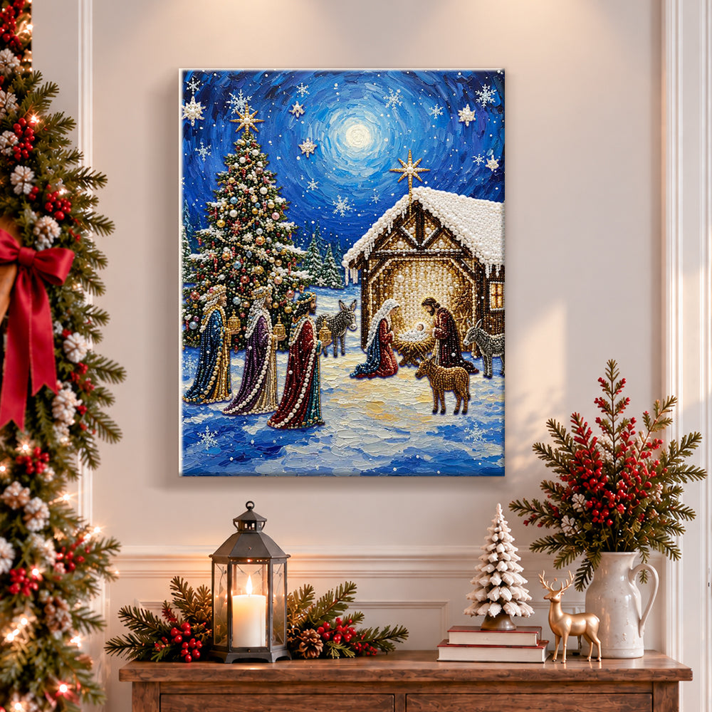 Finished three wise men visit manger pearl diamond painting artwork displayed as holiday home decor