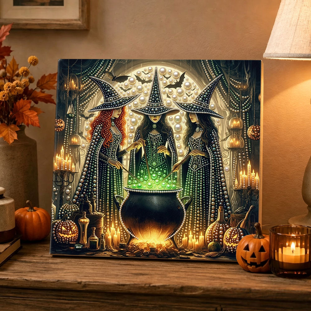 Finished three witches magic cauldron pearl diamond painting artwork displayed as holiday home decor