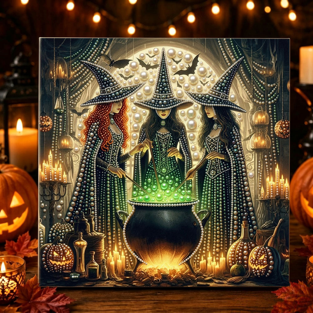Three witches magic cauldron pearl diamond painting kit for beginners