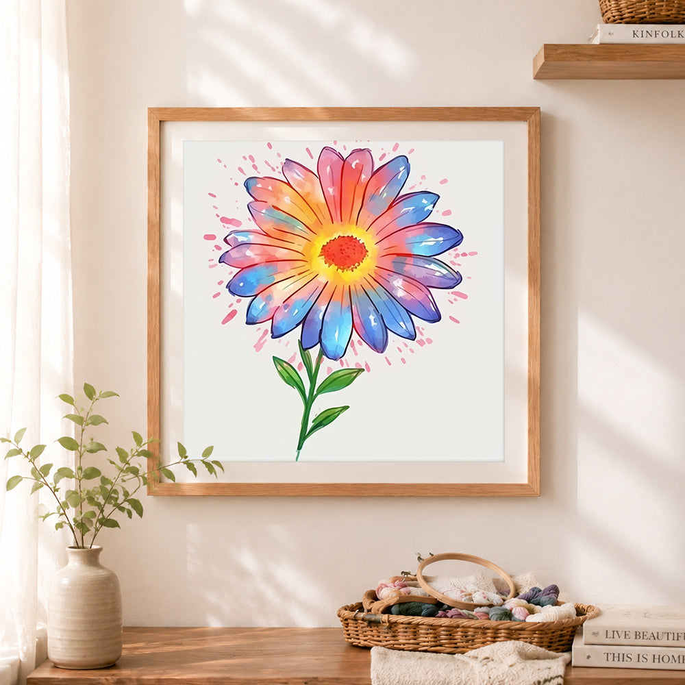 Finished tie‑dye watercolor daisy cross stitch artwork displayed as home decor