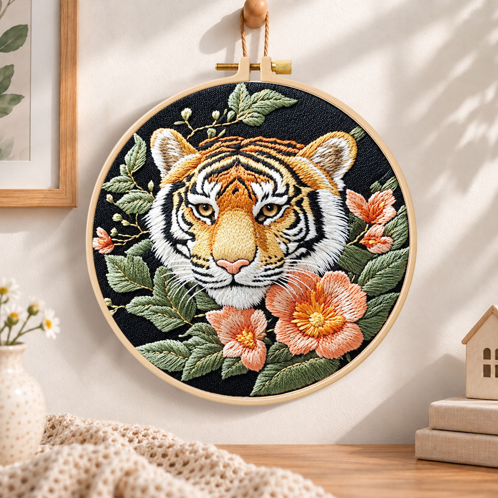 Tiger and peach blossoms embroidery hoop wall art displayed as warm and cozy handmade home decor
