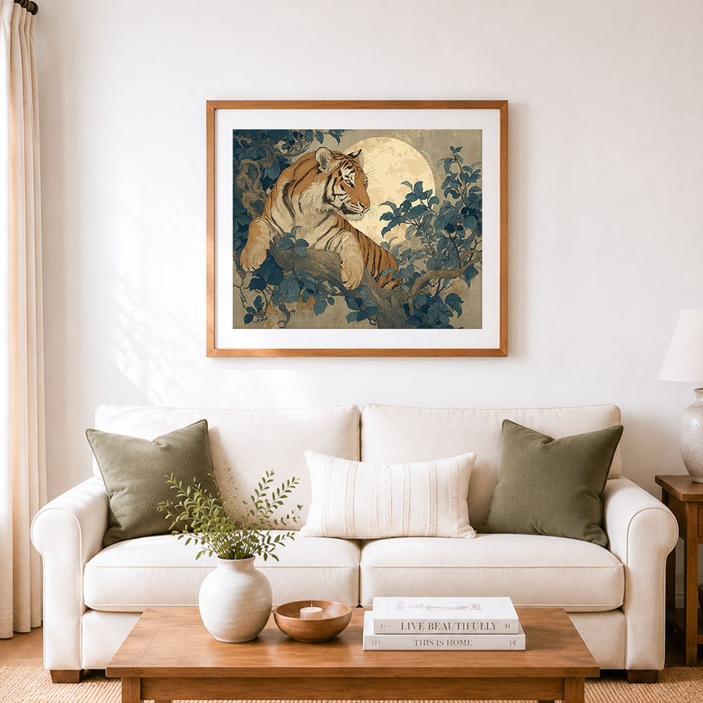 Finished tiger beneath full moon cross stitch artwork displayed as home decor
