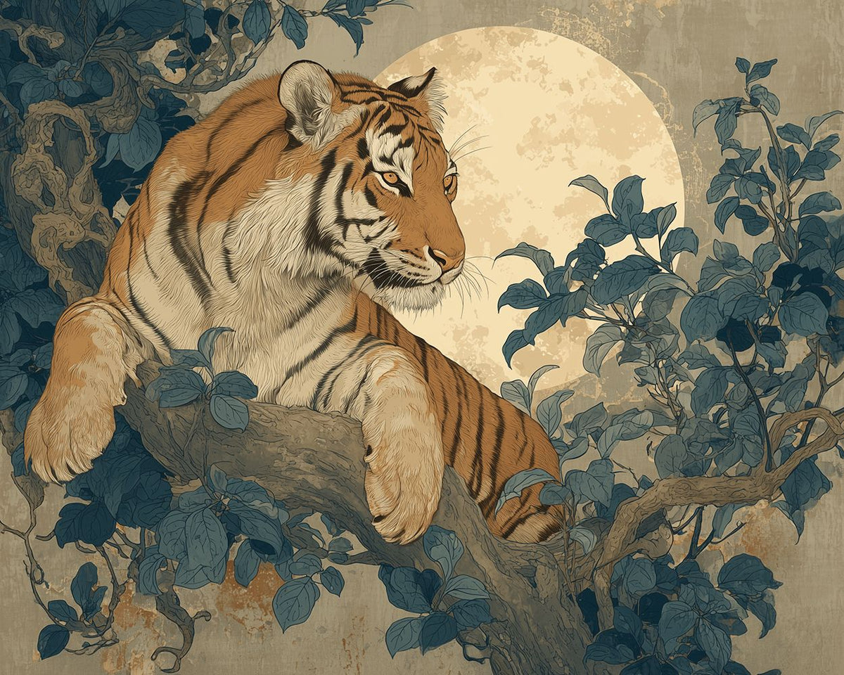 Tiger beneath full moon cross stitch kit for beginners