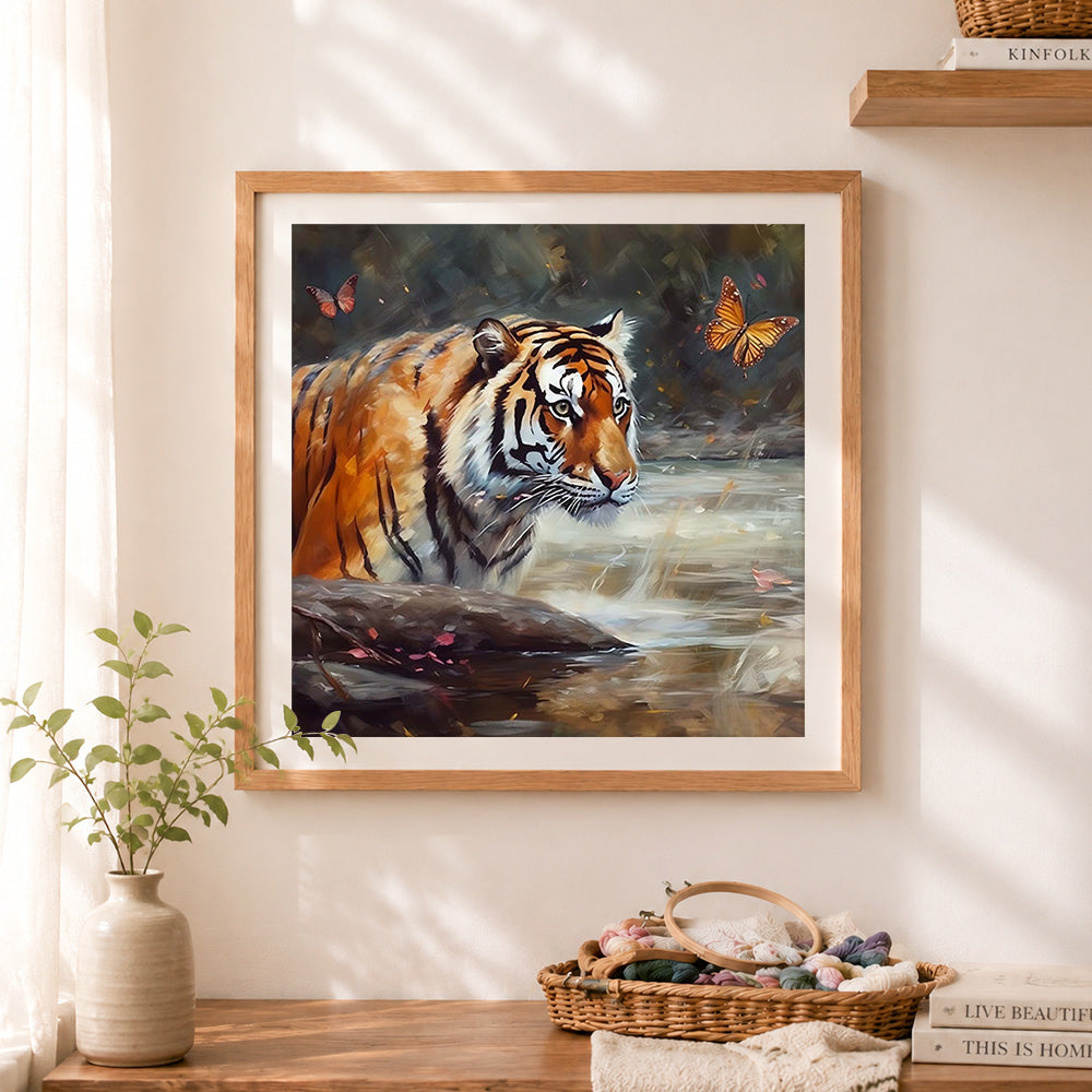 Finished tiger beside stream cross stitch artwork displayed as home decor