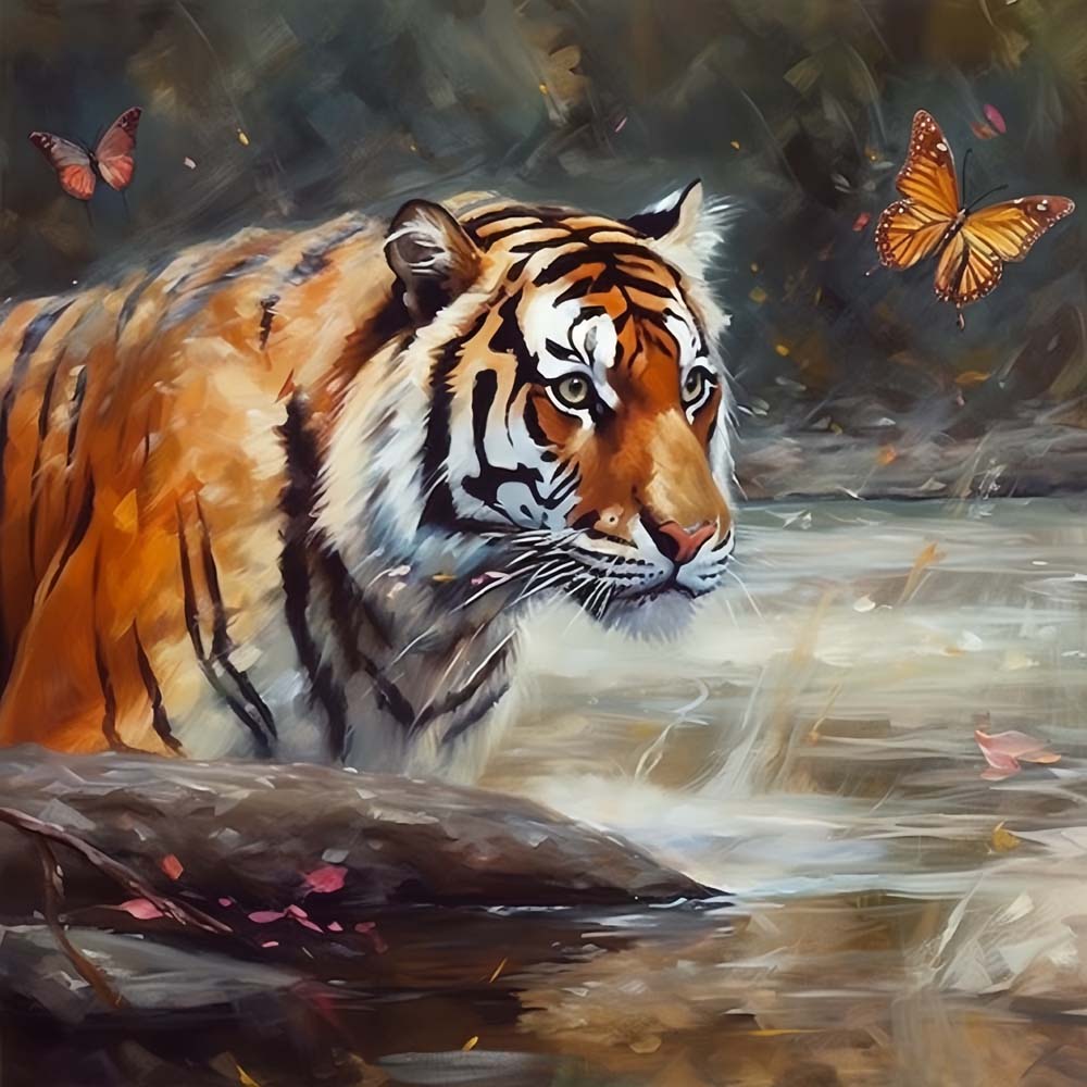 Tiger beside stream cross stitch kit for beginners