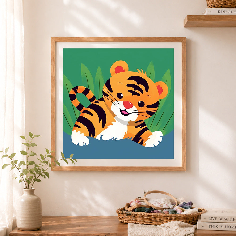 Finished tiger cub in water cross stitch artwork displayed as home decor