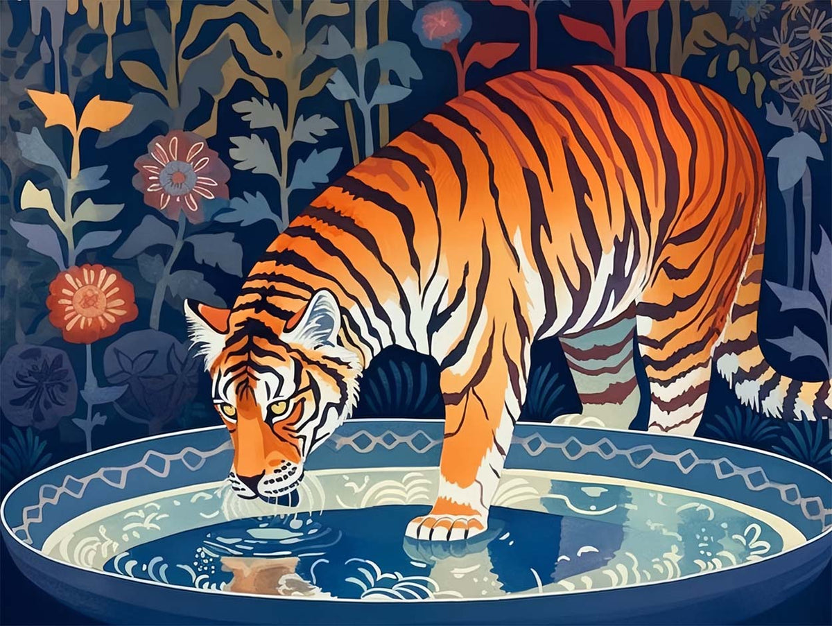 Tiger drinking at dusk cross stitch kit for beginners