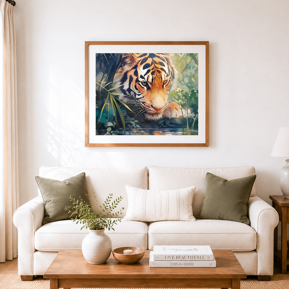 Finished tiger drinking by the stream cross stitch artwork displayed as home decor