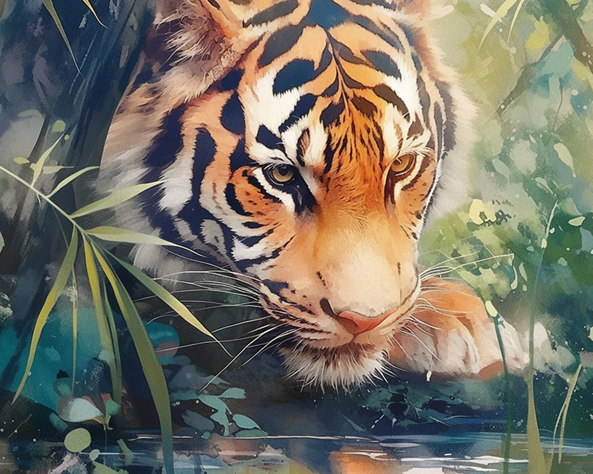 Tiger drinking by the stream cross stitch kit for beginners