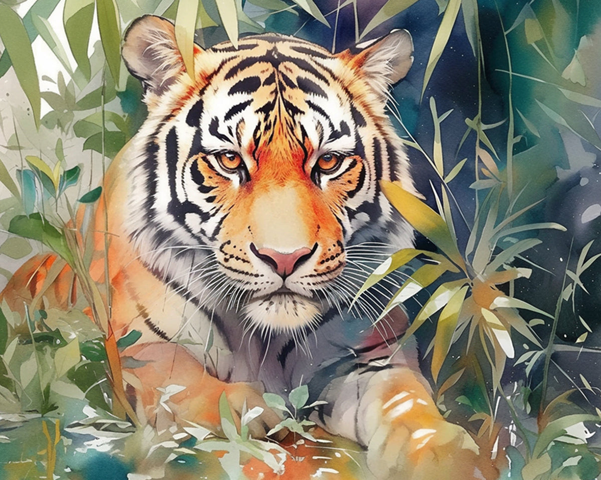 Tiger hidden in green foliage cross stitch kit for beginners