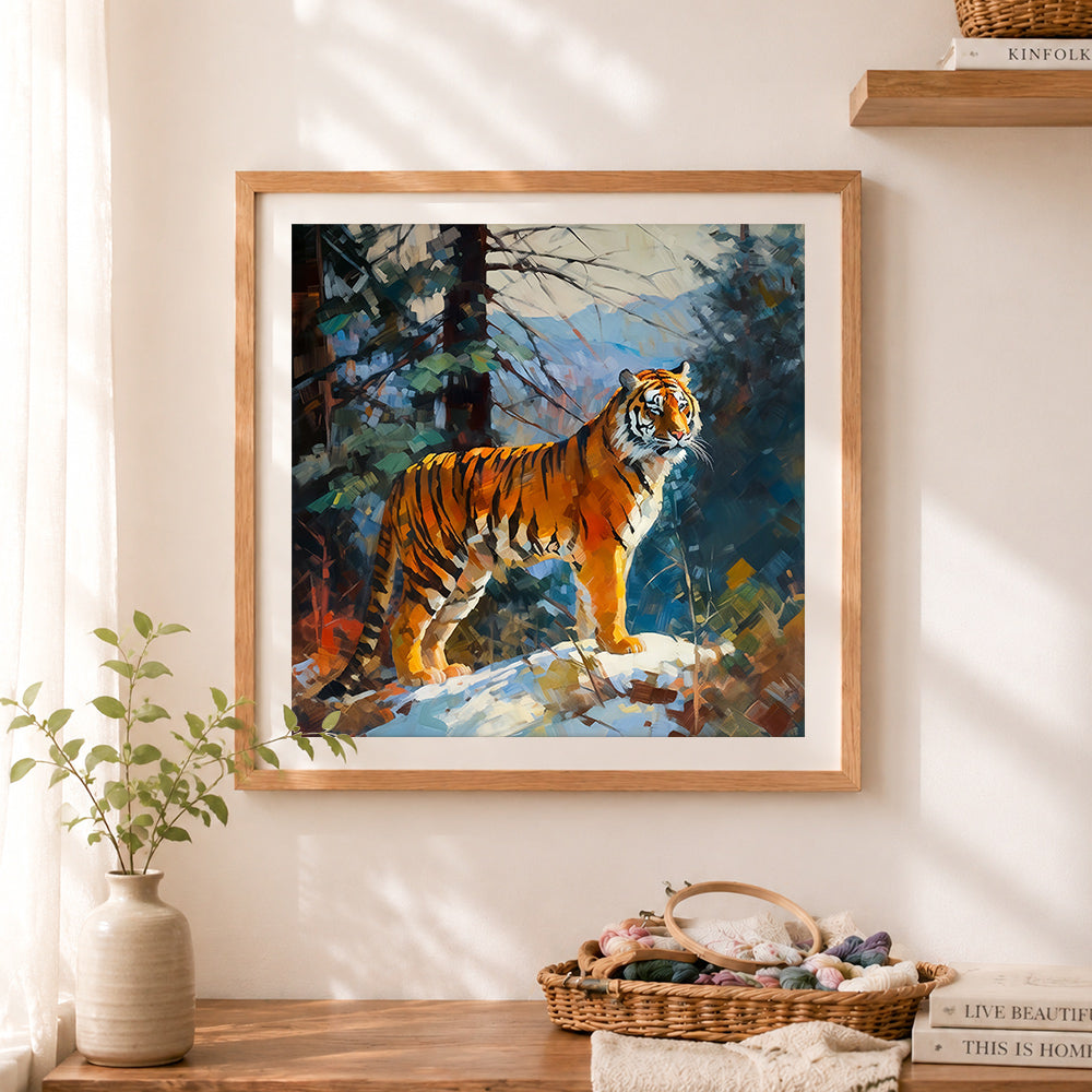 Finished tiger on snowy ridge cross stitch artwork displayed as home decor