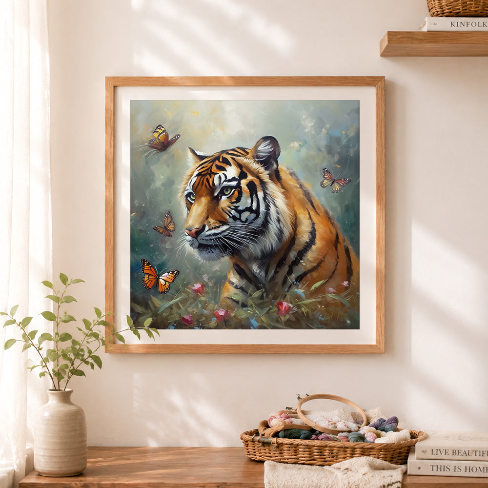 Finished tiger with butterflies cross stitch artwork displayed as home decor