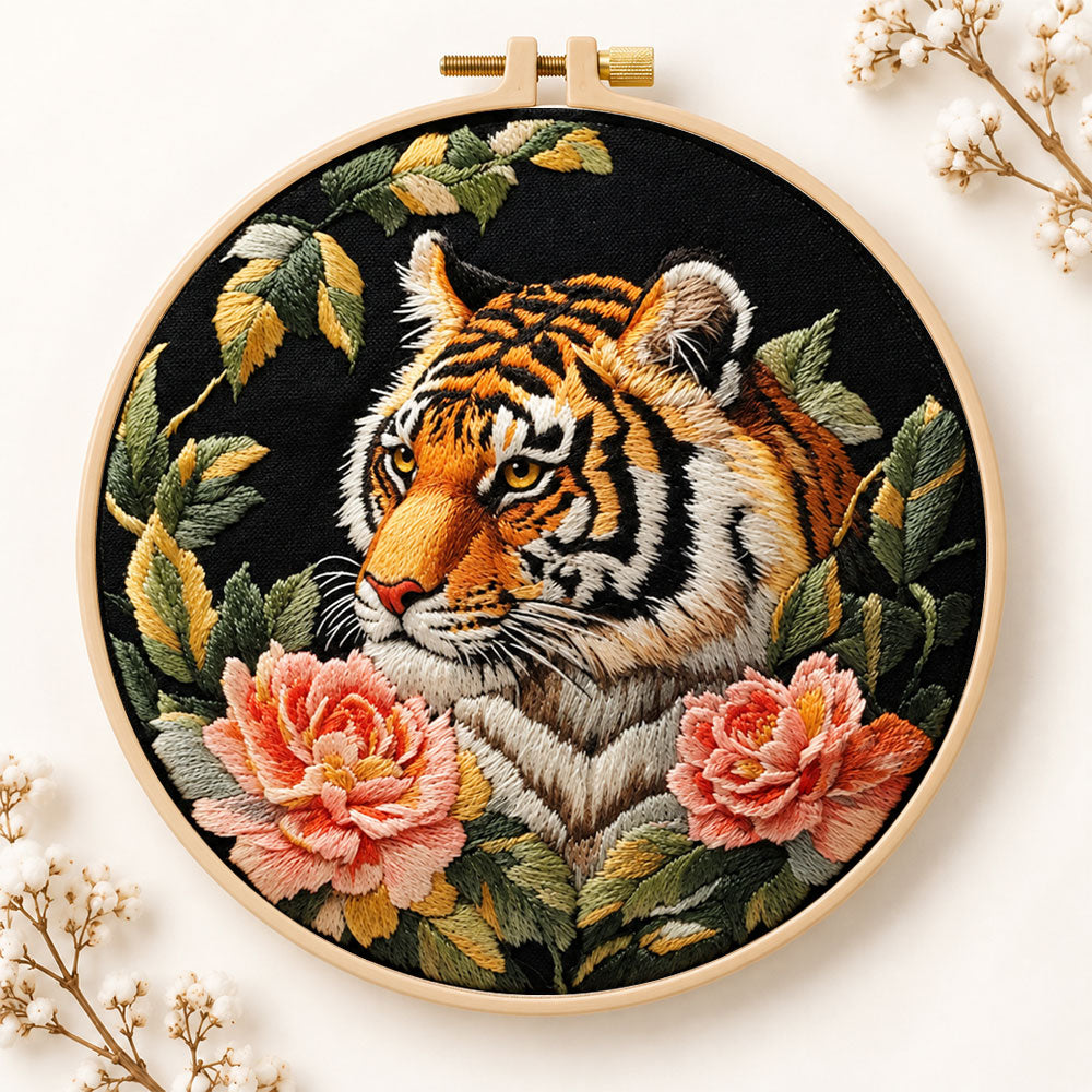 Tiger with pink peonies embroidery kit