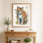 Finished tiger with watercolor florals cross stitch artwork displayed as home decor