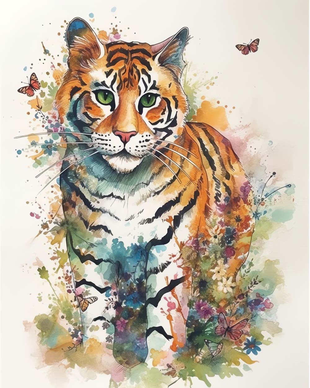Tiger with watercolor florals cross stitch kit for beginners