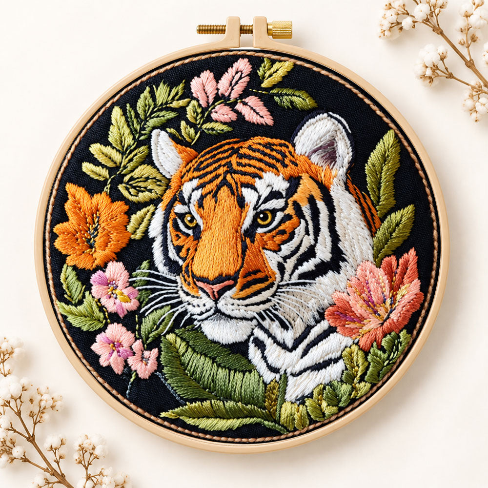 Tiger with wild blooms embroidery kit