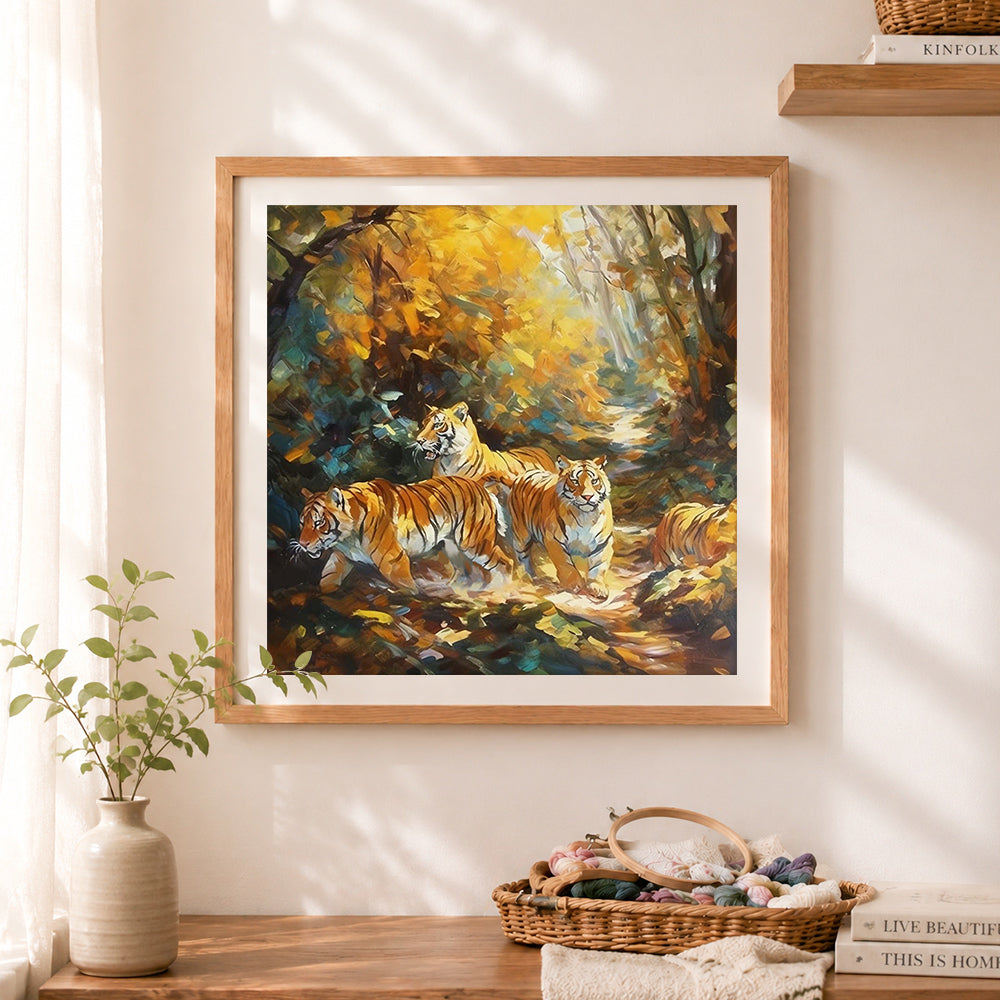Finished tigers in autumn forest cross stitch artwork displayed as home decor