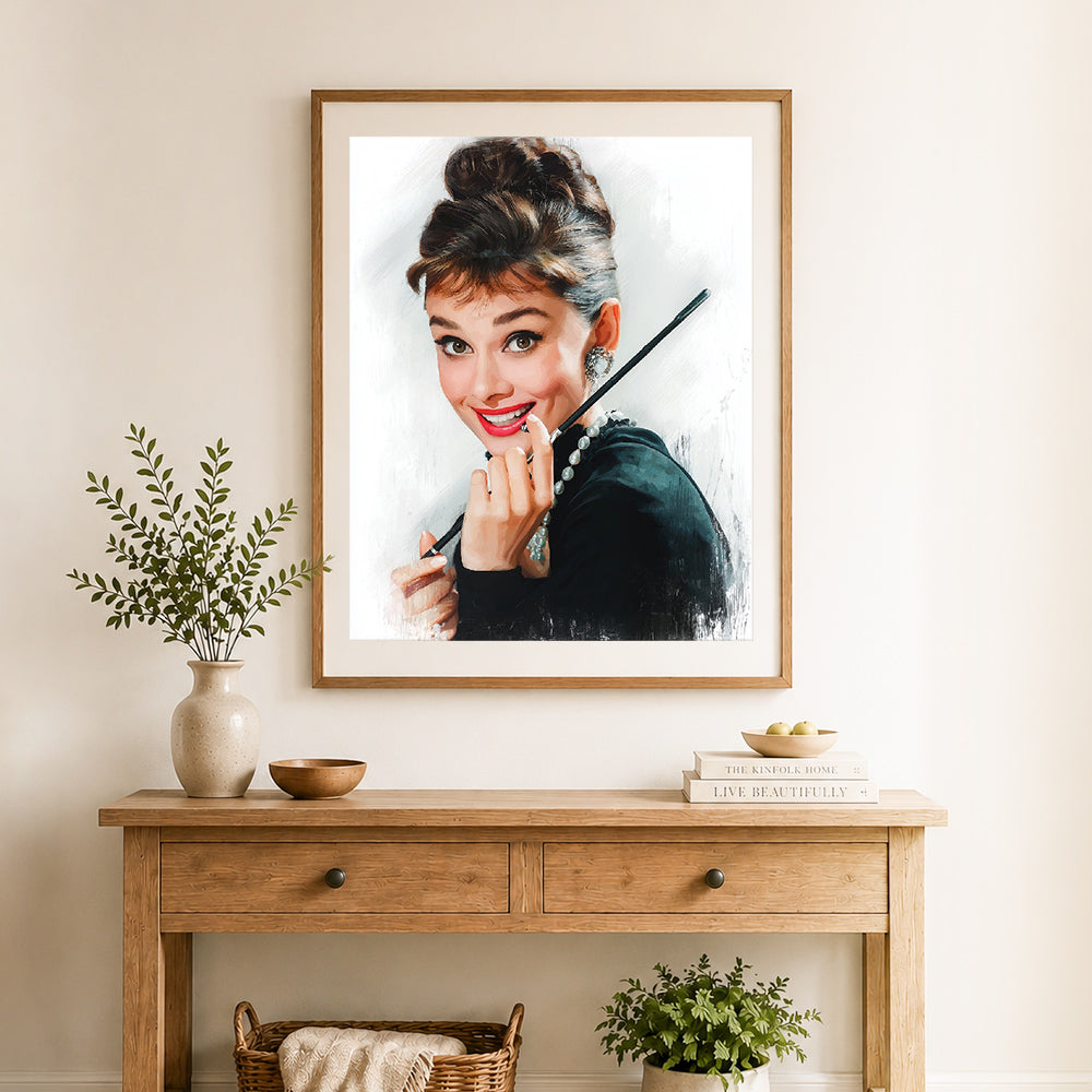 Finished timeless hollywood glamour cross stitch artwork displayed as home decor