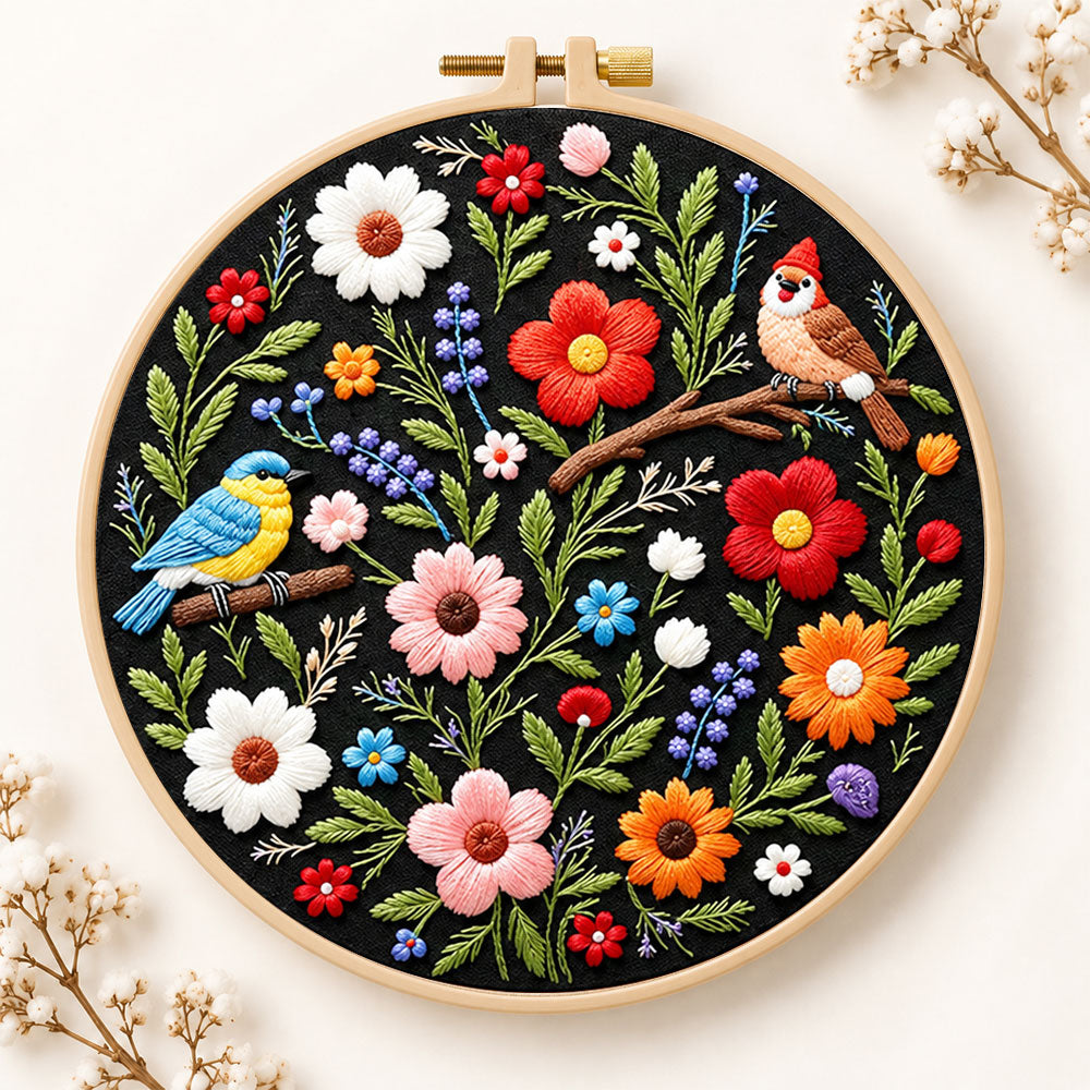Titmouse and colorful wildflowers embroidery kit