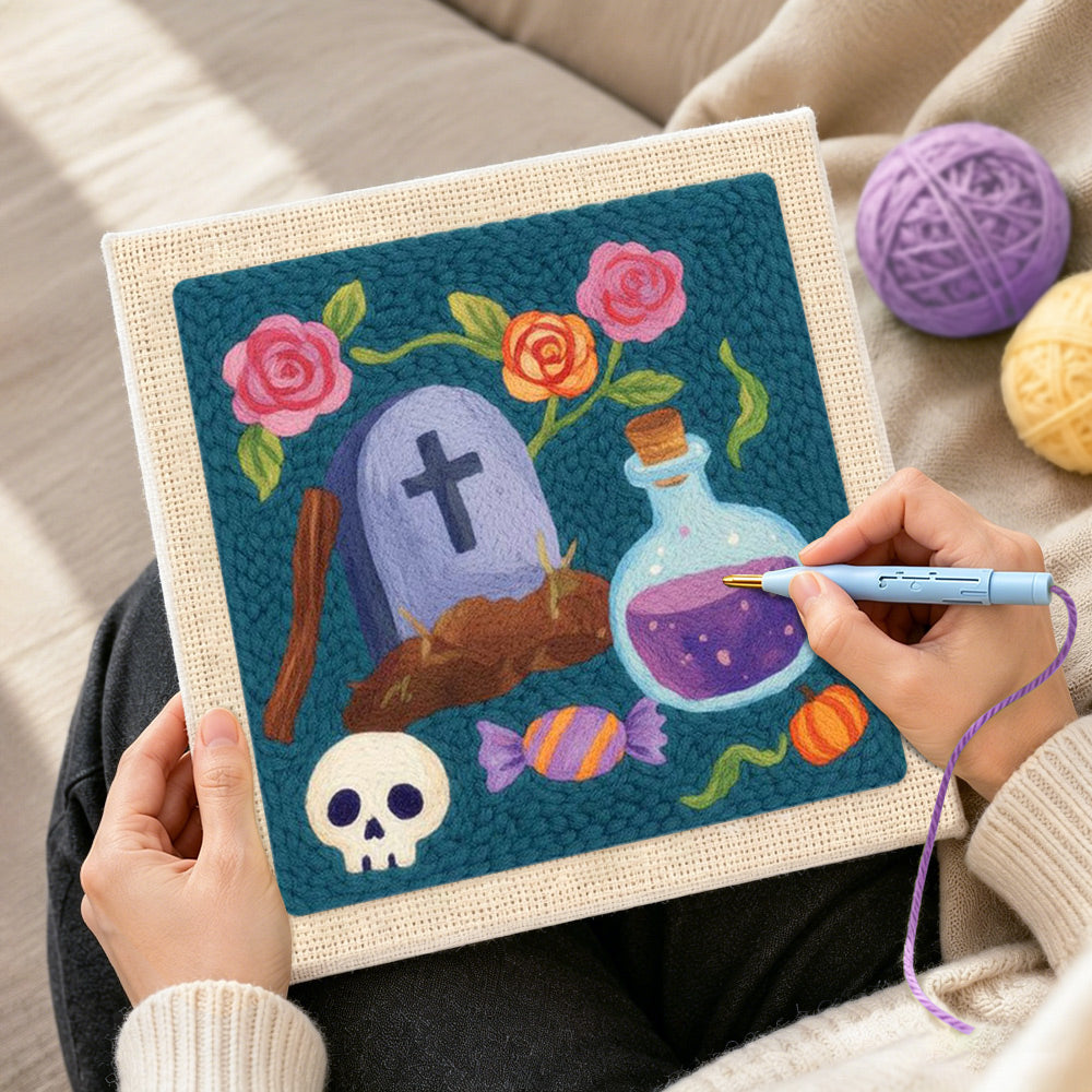 Creating handmade tombstone floral art punch needle artwork