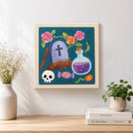 Finished tombstone floral art artwork displayed on a wall