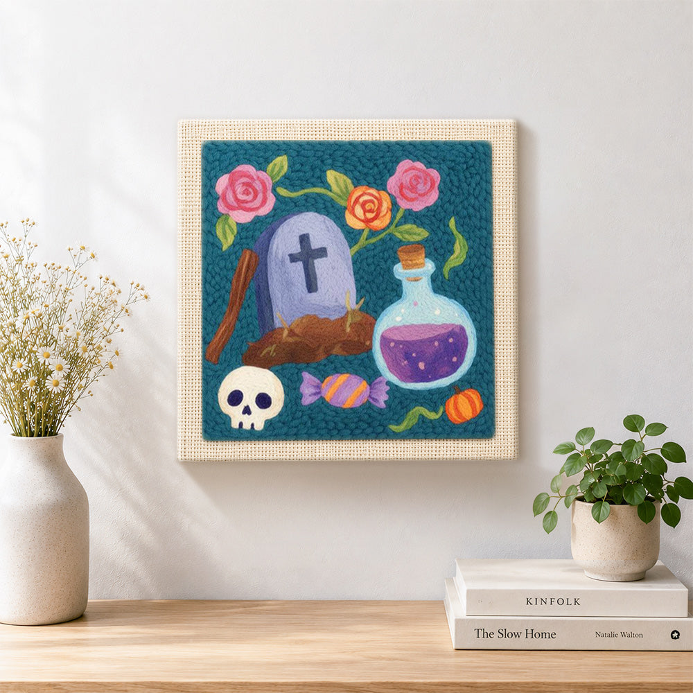 Finished tombstone floral art artwork displayed on a wall