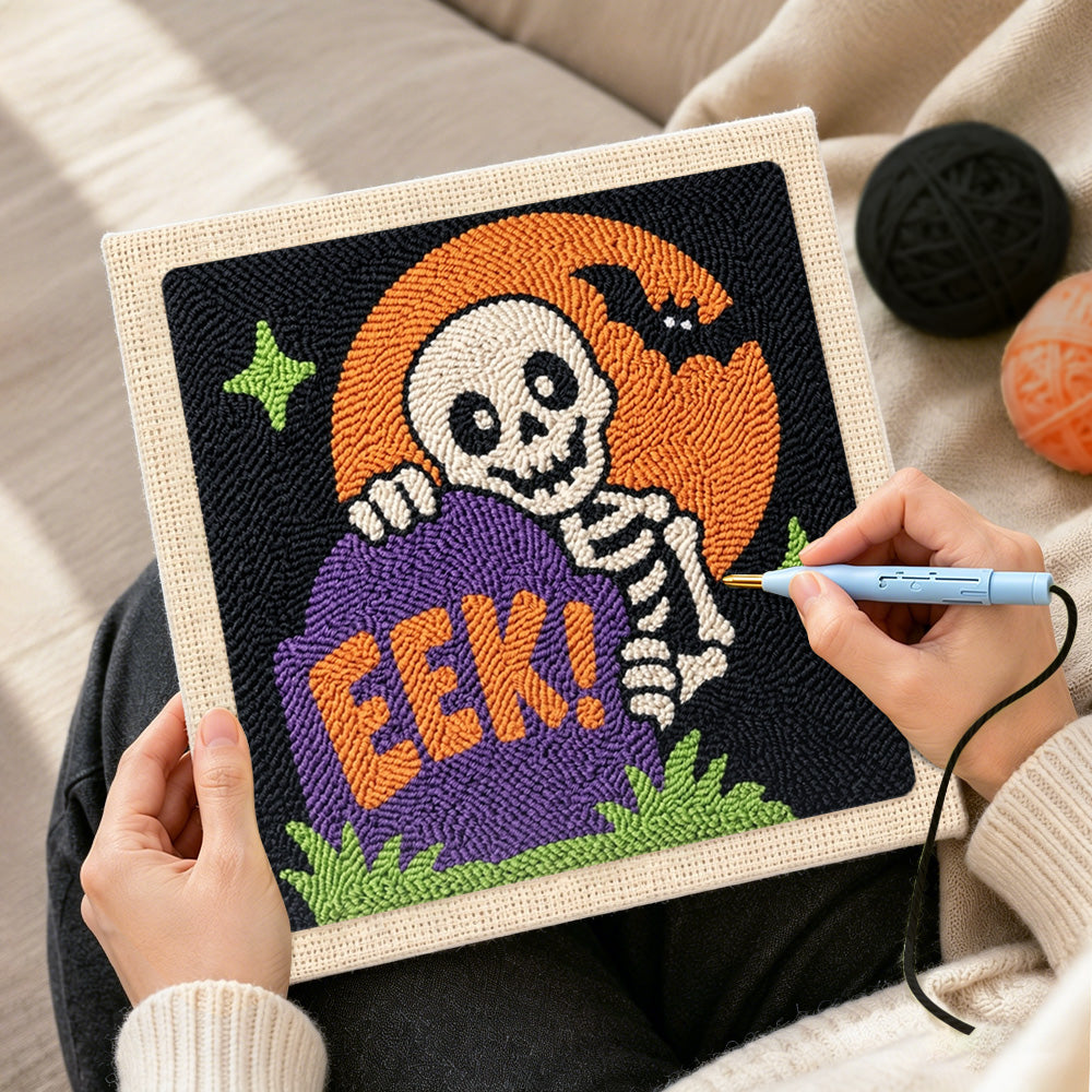 Creating handmade tombstone skeleton punch needle artwork