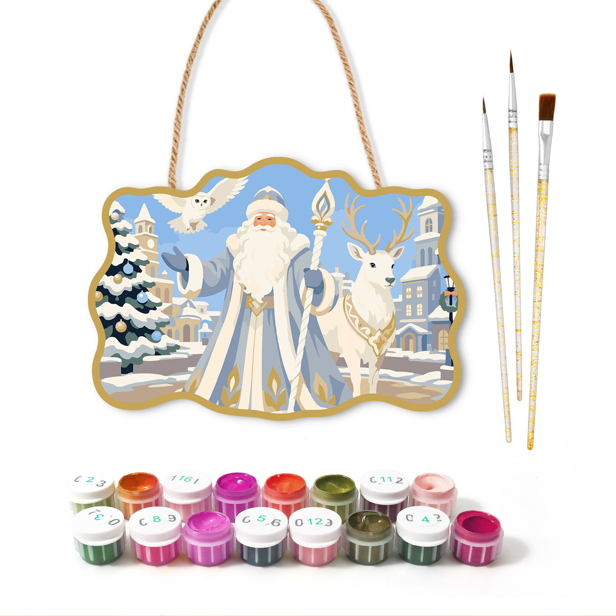 Town santa celebration paint by numbers door hanger with paints and brushes