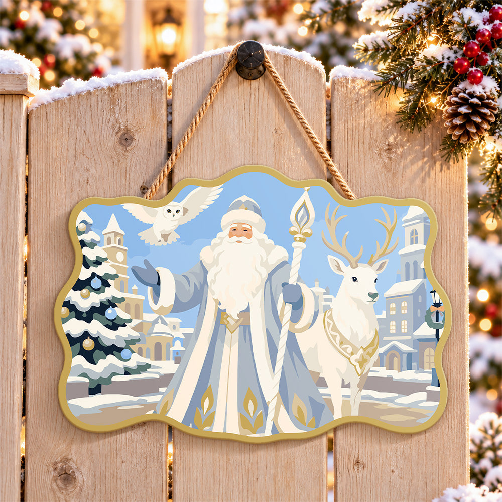 Town santa celebration paint by numbers door hanger on a garden gate