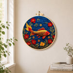 Traditional koi fish and gorgeous flowers needle felt wall art displayed in a bright home interior