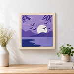 Finished tranquil purple lake view artwork displayed on a wall