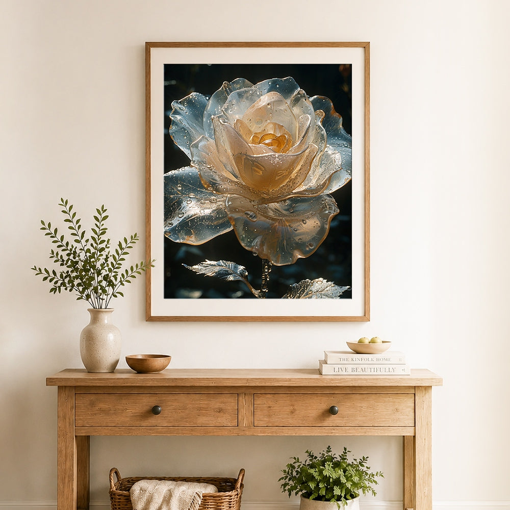 Finished transparent crystal rose cross stitch artwork displayed as home decor