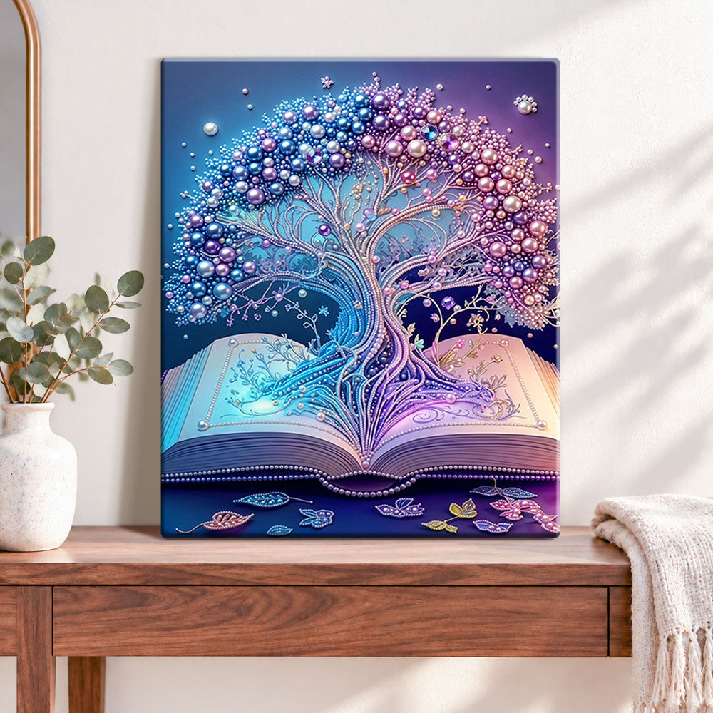 Finished tree emerging from book pearl diamond painting artwork displayed as home decor