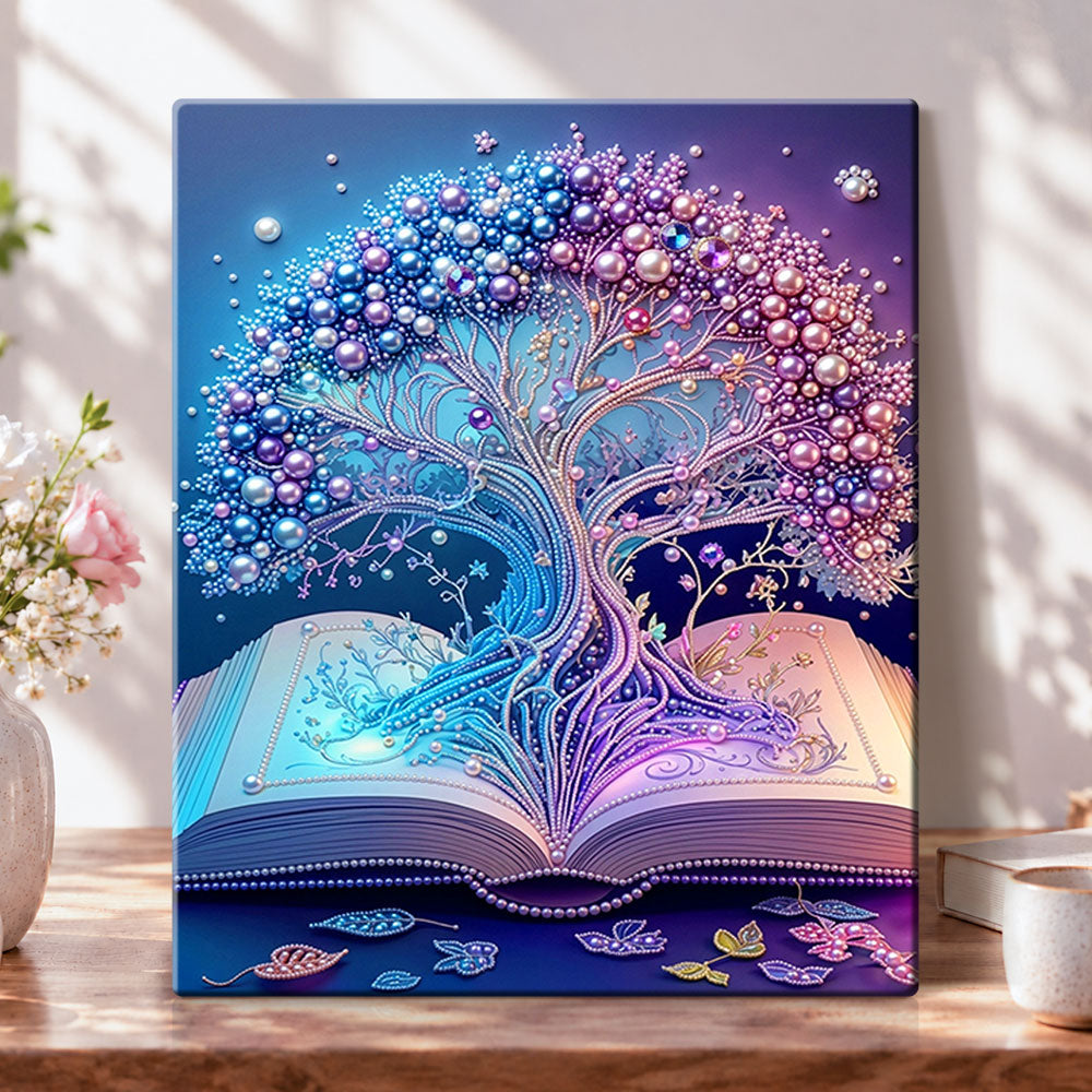 Tree emerging from book pearl diamond painting kit for beginners