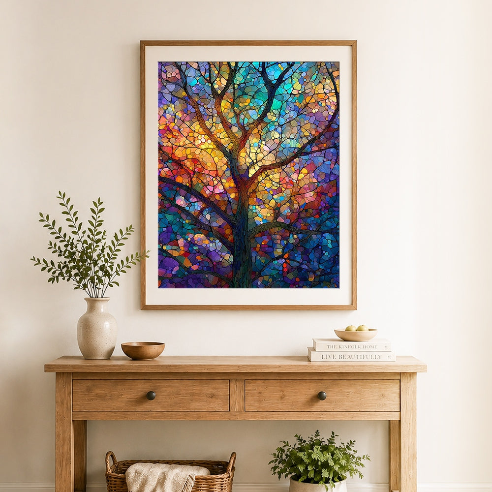 Finished tree of life stained glass style cross stitch artwork displayed as home decor