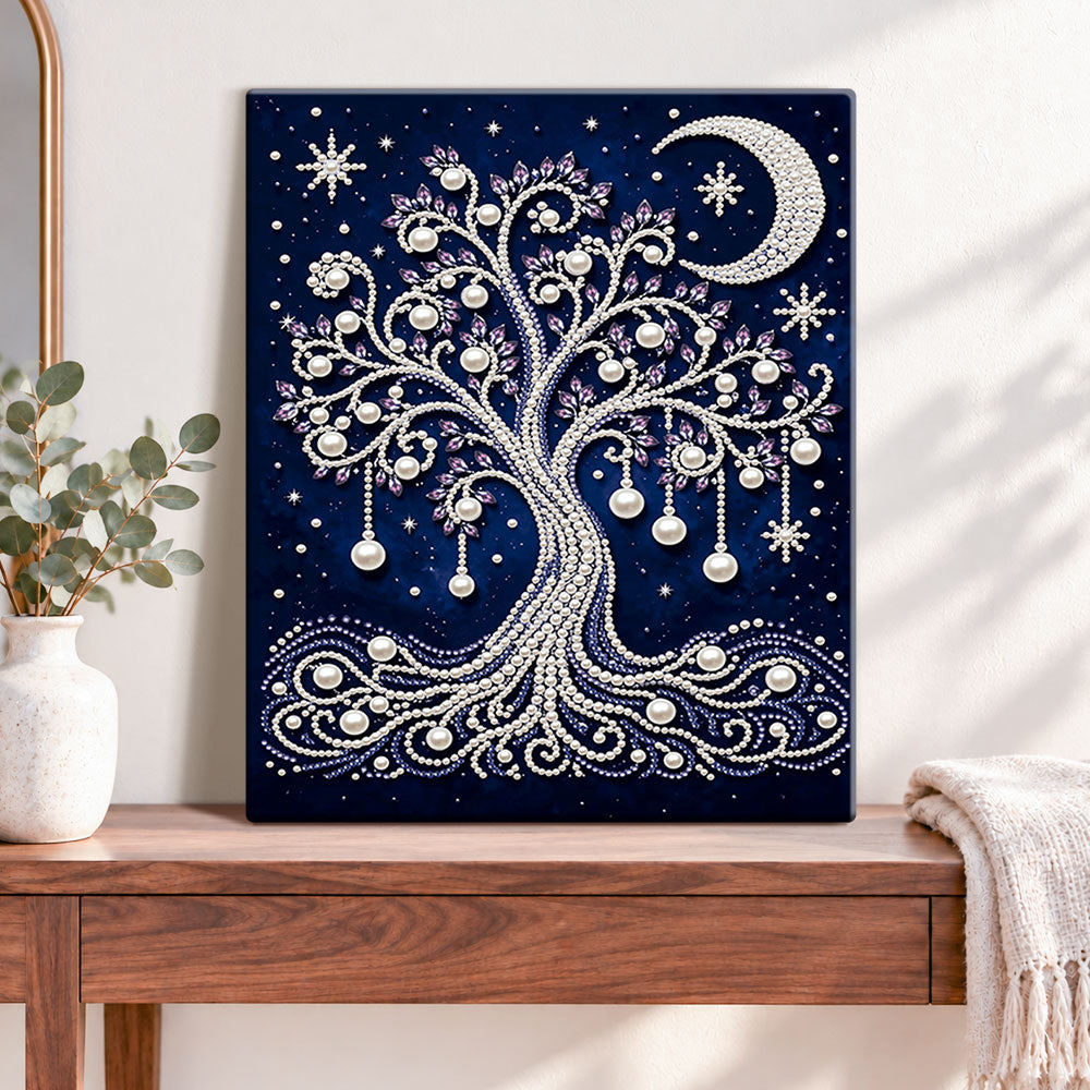 Finished tree of life with crescent moon pearl diamond painting artwork displayed as home decor
