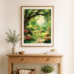 Finished tree swing in lush green garden cross stitch artwork displayed as home decor