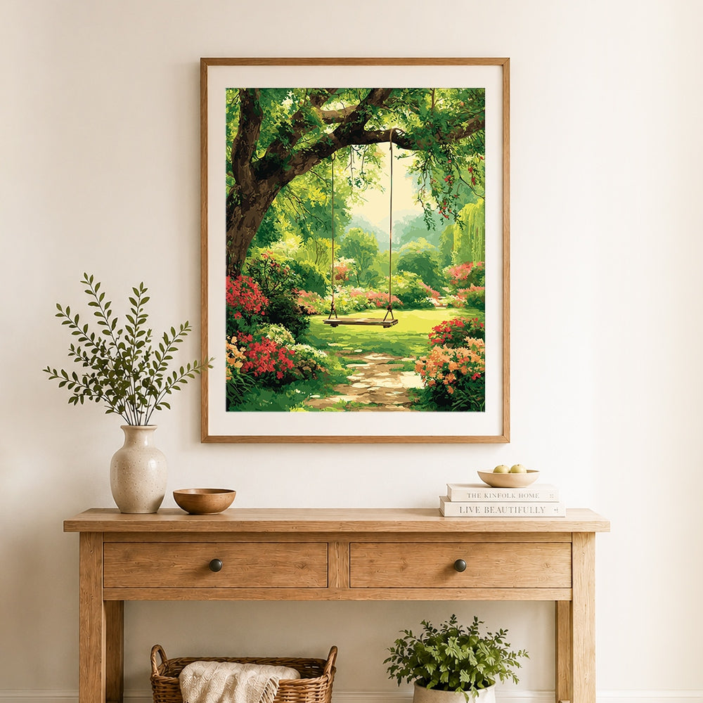 Finished tree swing in lush green garden cross stitch artwork displayed as home decor