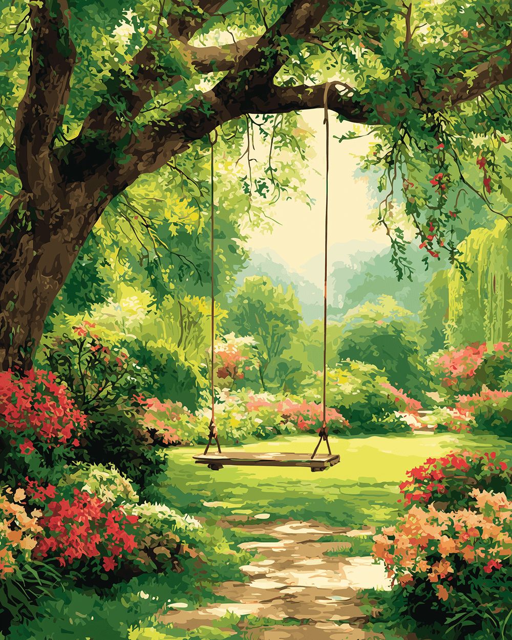 Tree swing in lush green garden cross stitch kit for beginners