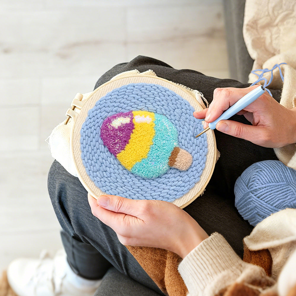 Creating handmade tri-color ice cream punch needle artwork